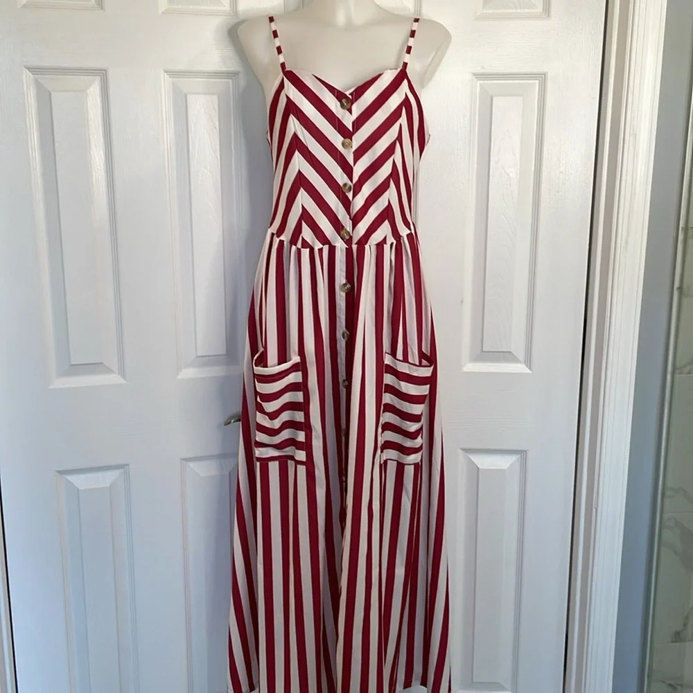 ZARA ZAFUL RED & WHITE STRIPE SPAGHETTI STRAP LONGER DRESS SIZE MEDIUM or 6